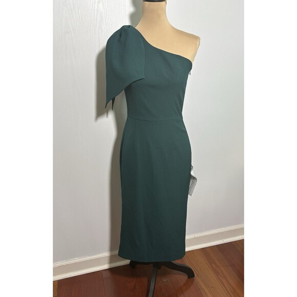 DRESS THE POPULATION Midi Dress Womens Small Green Tiffany One-Shoulder Bow New - Picture 1 of 16